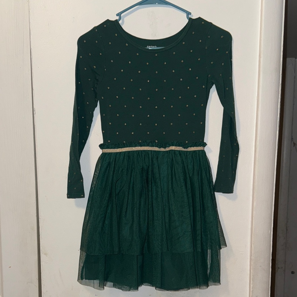 Green Long Sleeve Dress with Gold Accents